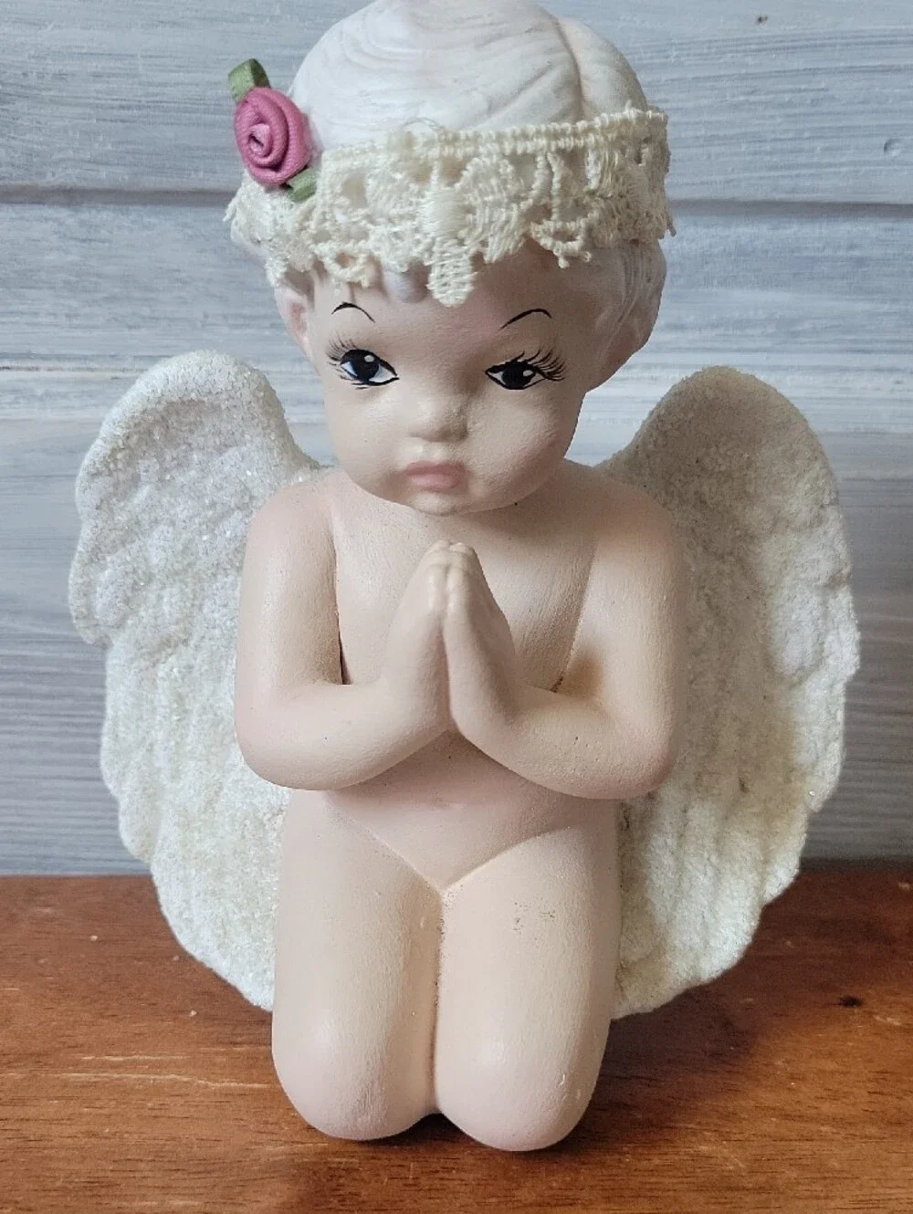 Cream Praying Angel Figurine with Pink Rose Crochet Headband Vintage
